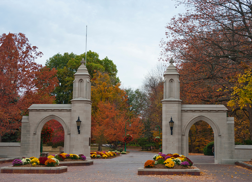 Two stone arches with autumn leaves in background